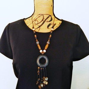 Black Circle Natural Stone Tassel Copper Necklace Artisan New